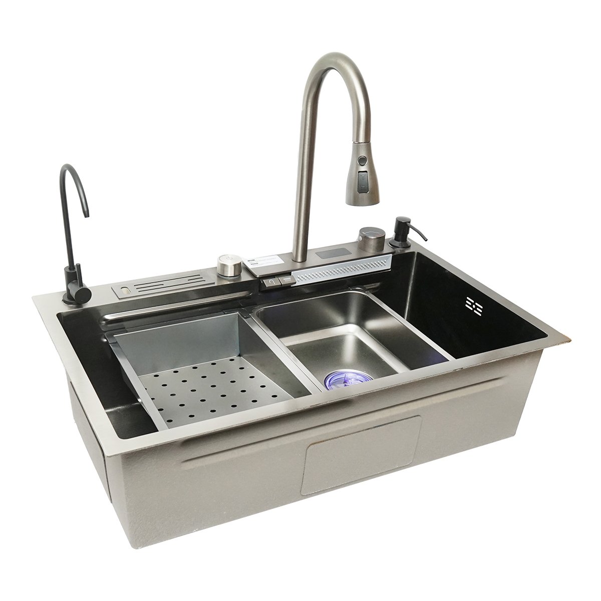 Chiuveta bucatarie multifunctionala cu doua baterii, otel inoxidabil, afisaj digital temperatura, functie cascada, dozator sapun, scurgator, tava, tocator si accesorii scurgere incluse, dimensiune 75x46x23.5cm